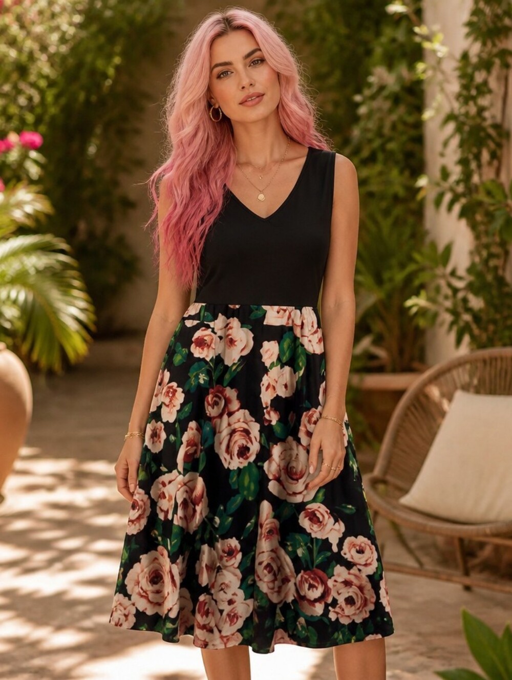 avocado Black Midi Dress with Pink Rose & Green Leaf Print